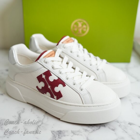 NIB Tory Burch Signature Color Block Platform Leather Sneaker Shoes in White/Red - Picture 1 of 10